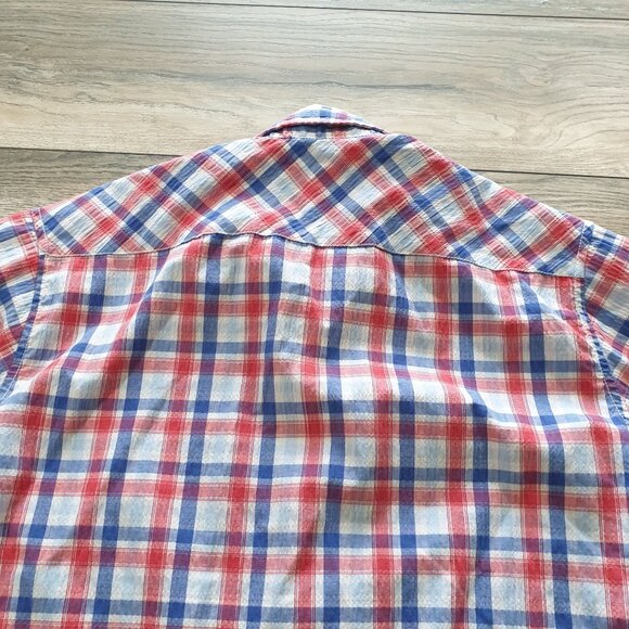 Dukes Bark Men L Plaid Short Sleeve Button Up Shirt Seersucker Casual Patriotic - Picture 7 of 8